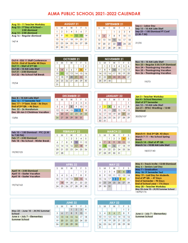 202122 School Calendar Alma Public Schools
